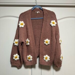 Wearable Art BaeVely Camel Knit Flower Cardigan Sweater Size M